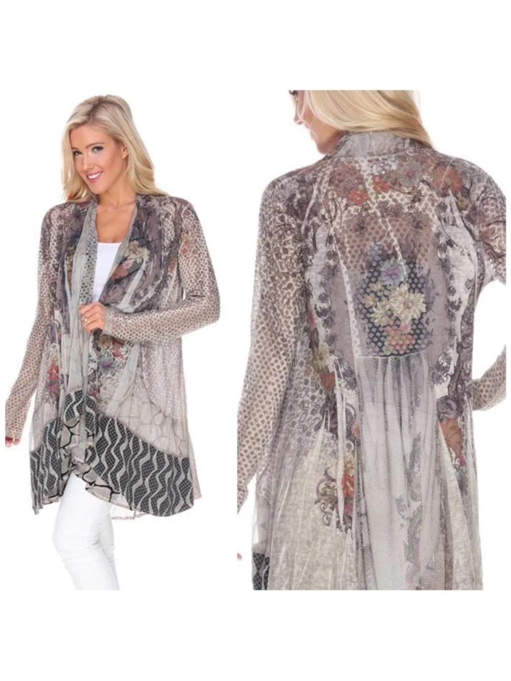KAMANA "Whispered Tales" Open-Front Cardigan Artsy Lagenlook Floral Mesh